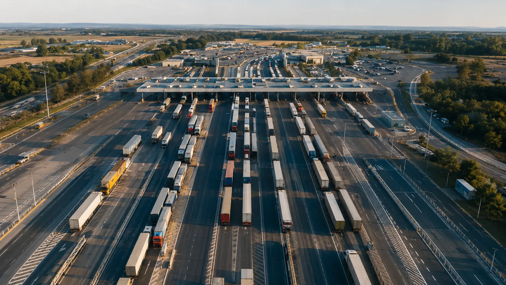 Aerial view of a border crossing with rows of waiting trucks.