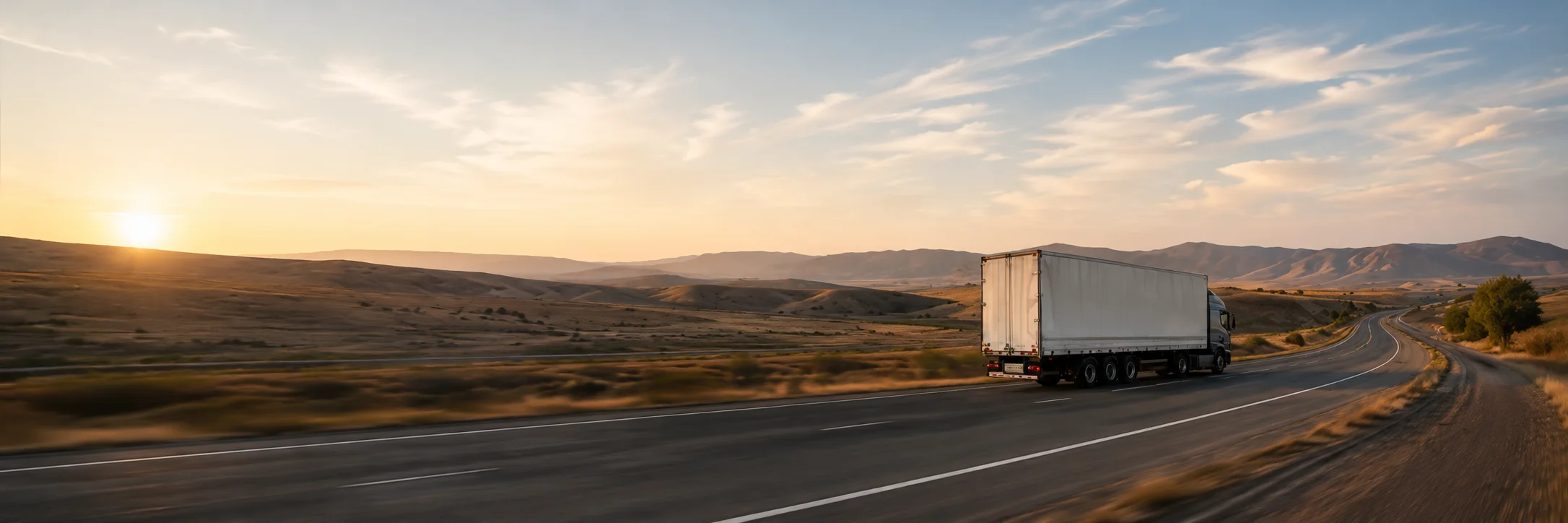 A truck on an open road at sunset — the calm end of a long haul.