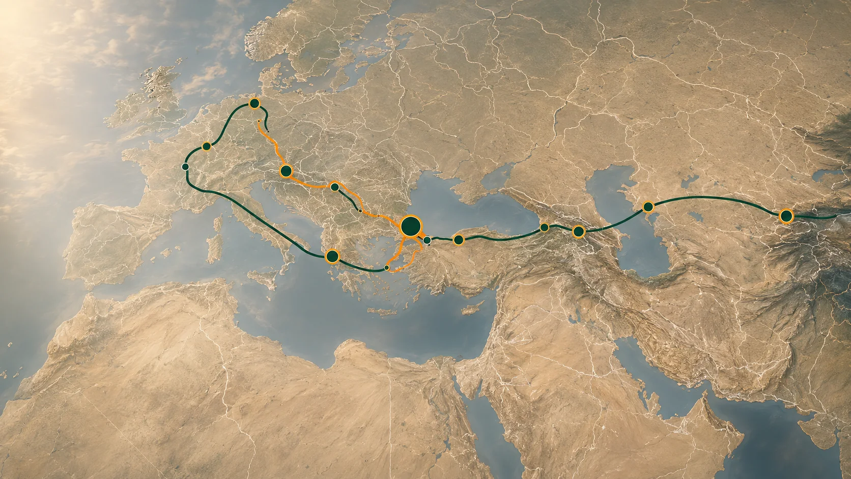 Türkiye-centered Europe–Caucasus–Central-Asia logistics corridor map.
