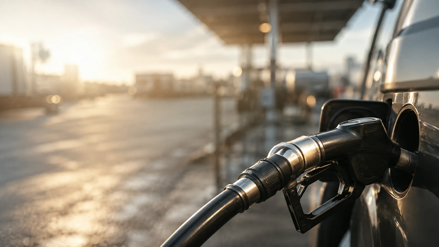 Fuel pump filling a truck at sunset.