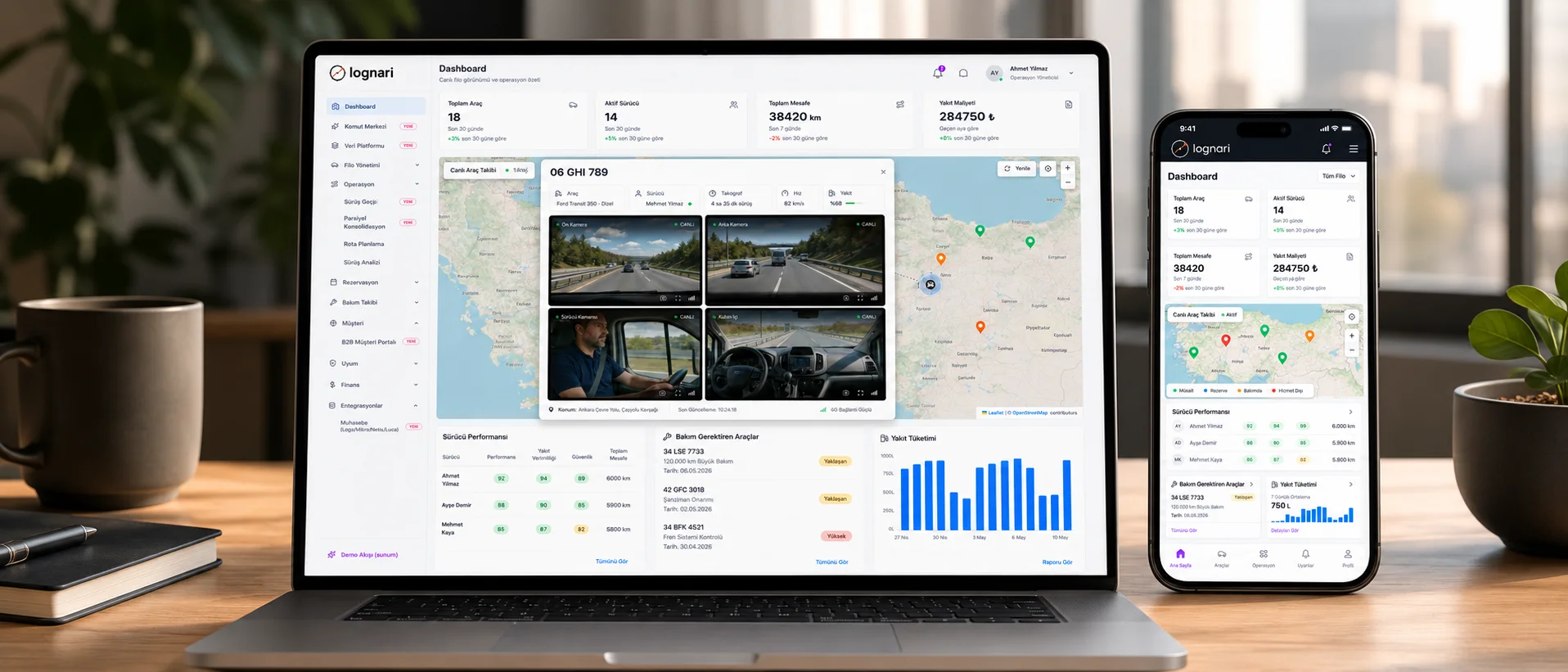 Lognari panel on a desktop and a phone in an office — real operations view.