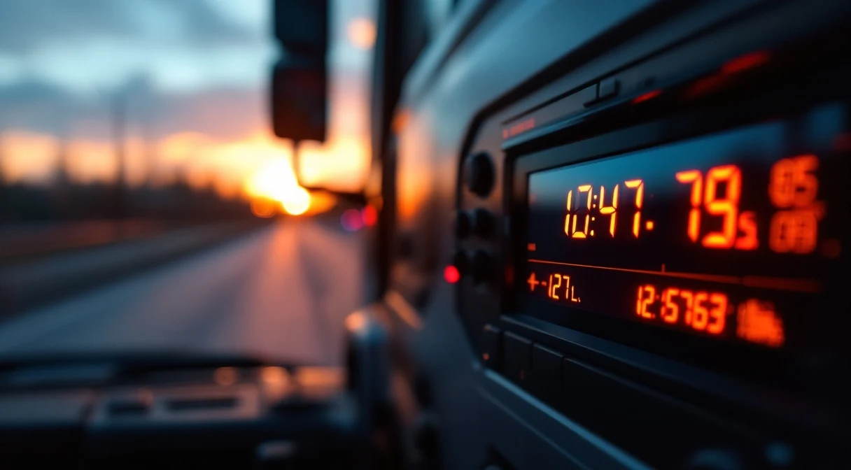 Dusk inside a truck cabin — the tachograph display shows a red warning of accumulated driving hours, made visible long before the border.
