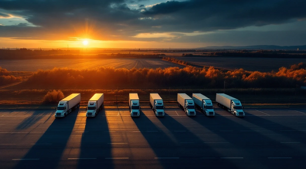 An industrial fleet yard at dawn with parked trucks in a row — long shadows and the cost of standing still.