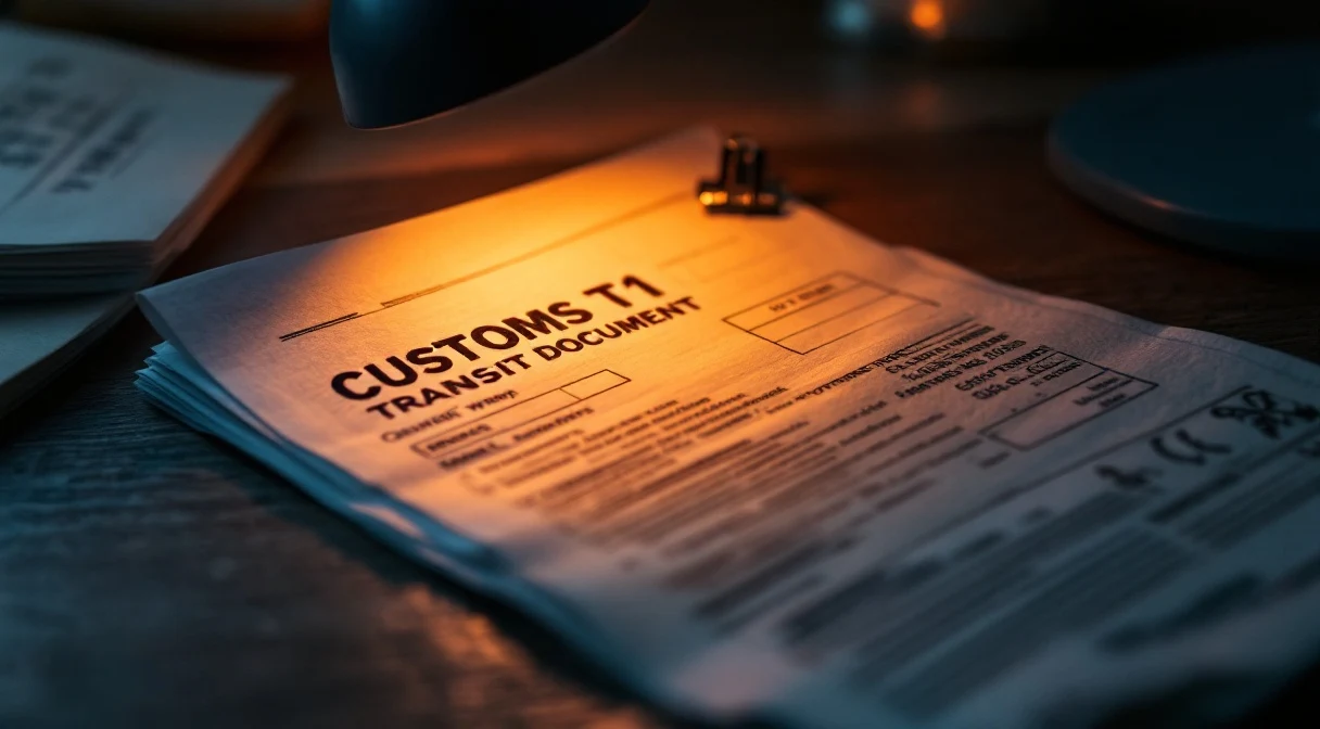 A folded customs T1 document on a dark desk — desk lamp grazing the stamp area; the macro of a missing-paper moment.