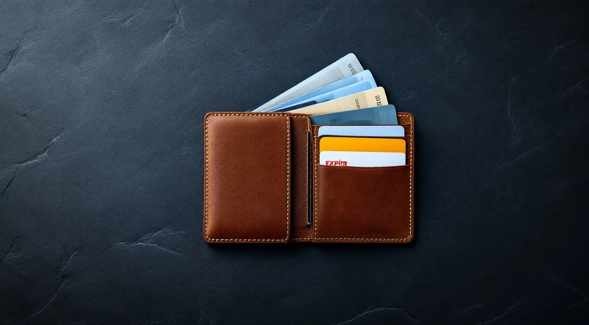 Identification cards fanned out in an open leather wallet, one marked with a red ribbon — the near-expiry indicator.