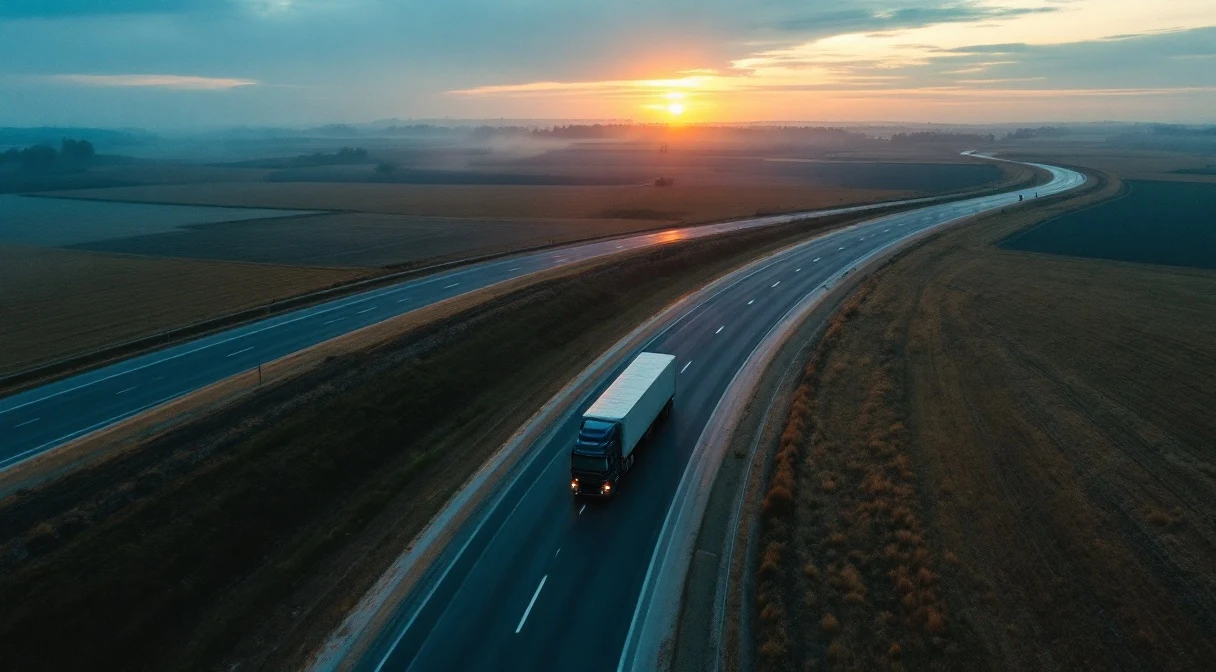 A lone truck on a European highway at dawn — empty trailer, amber horizon; the return-trip economics of one-way lanes.