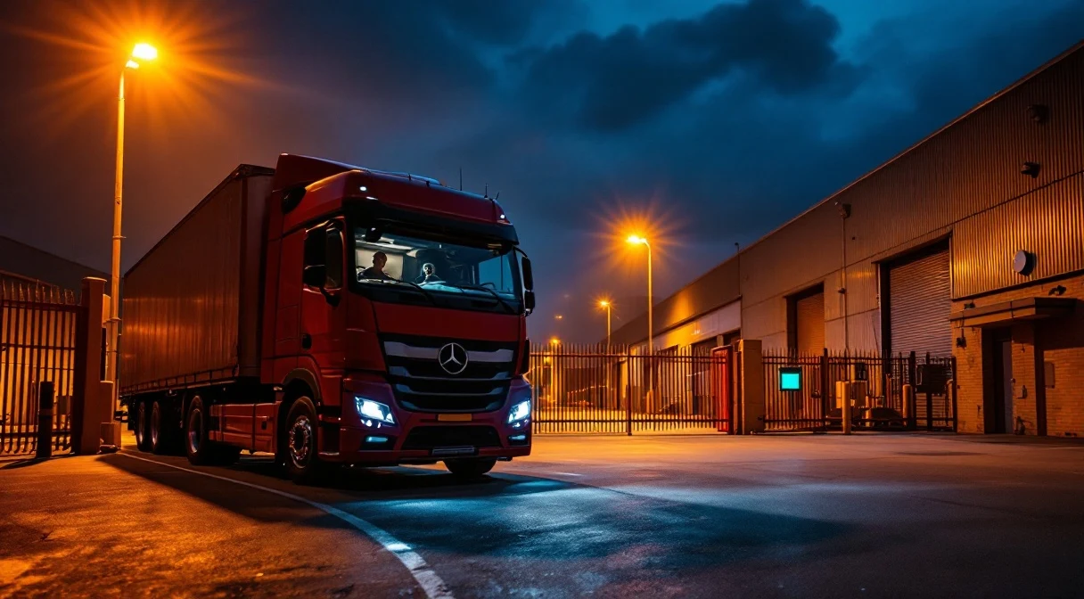 A truck cabin parked at a customer warehouse gate at night — amber security halo, the silhouette of an unbilled wait.
