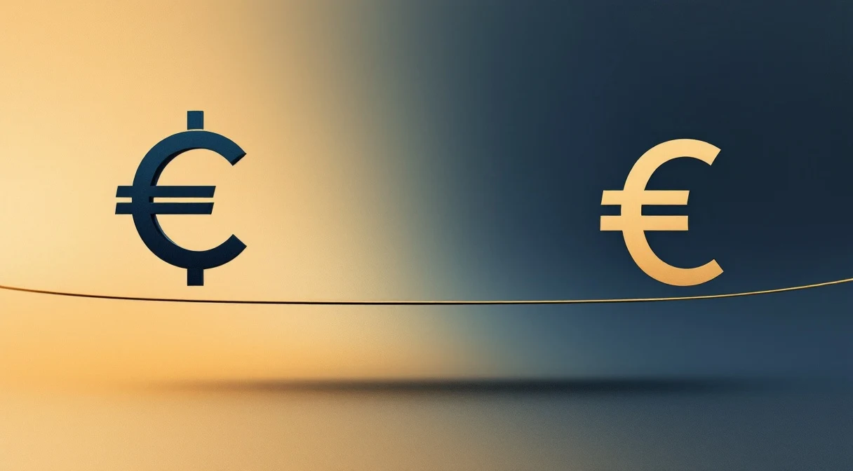 Editorial poster: a euro sign and a TRY sign balanced on a thin wire — financial balance in minimalist design.