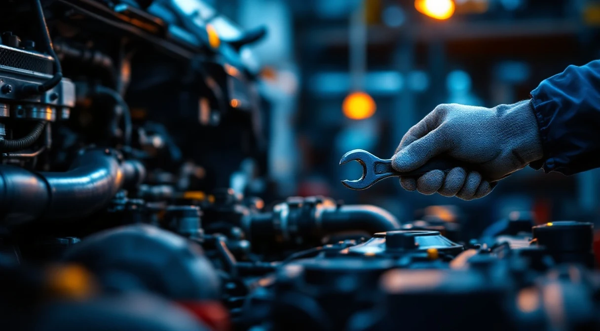 Workshop macro of a truck engine bay, a gloved hand working a wrench on a turbo pipe — the amber tone of a maintenance moment.