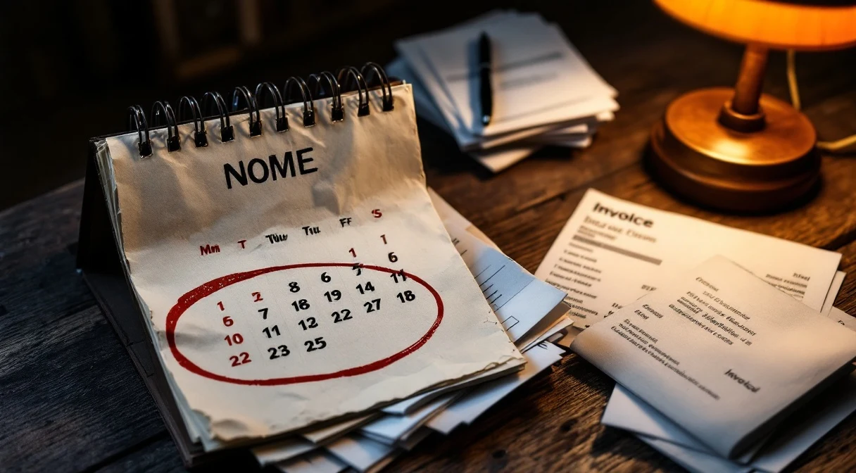 An old paper calendar with a red-marked due date and an invoice pile beside it — the atmosphere of delayed collection.