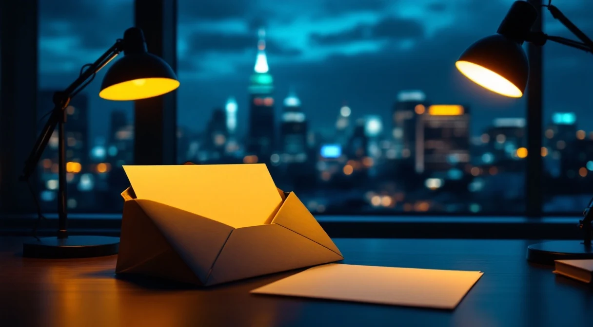 View through an office window at night onto a city skyline, an open envelope and a fine notice on the desk — the atmosphere of corporate oversight.