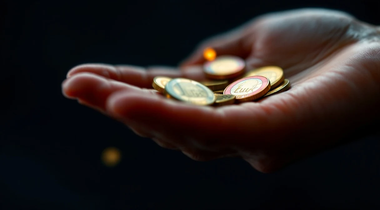 Dramatic macro: euro coins falling through an open hand — the visual metaphor of revenue leakage.