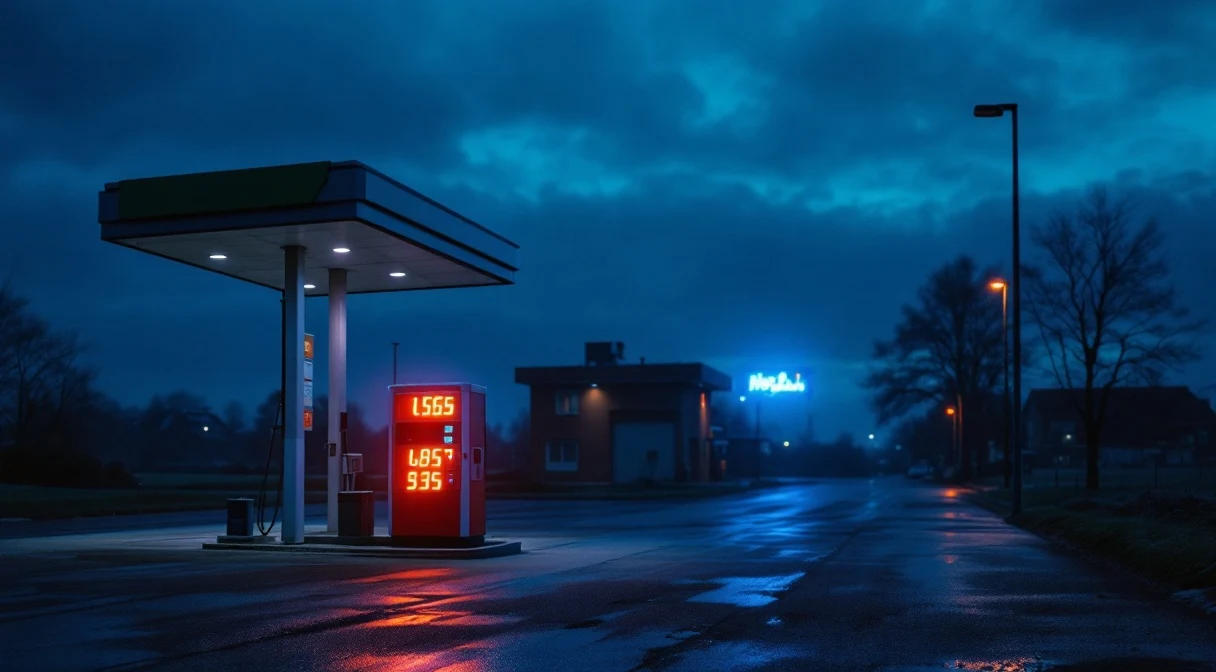Eastern European petrol station at blue hour — a single backlit diesel pump with amber price display; the moment when a quiet shortfall enters the record.