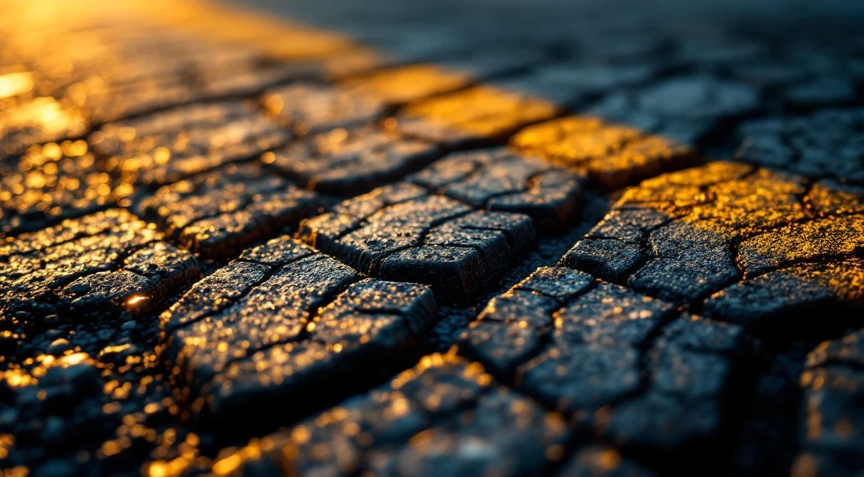 Macro of a worn truck tyre pattern on dark asphalt — a sidewall crack and the result of fatigue from chronic low pressure.