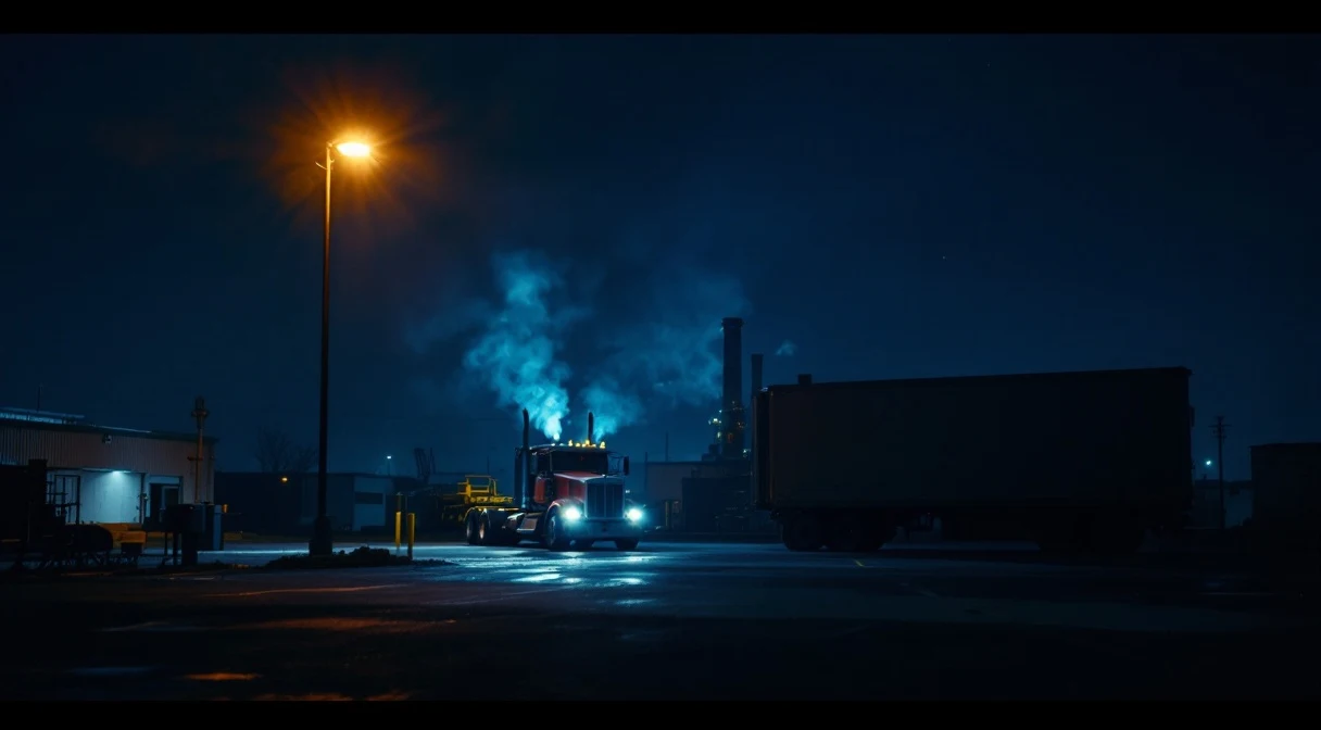 A diesel truck parked at an industrial depot at night — engine running, faint exhaust rising into a sodium-lamp pool of light; hours quietly burning.