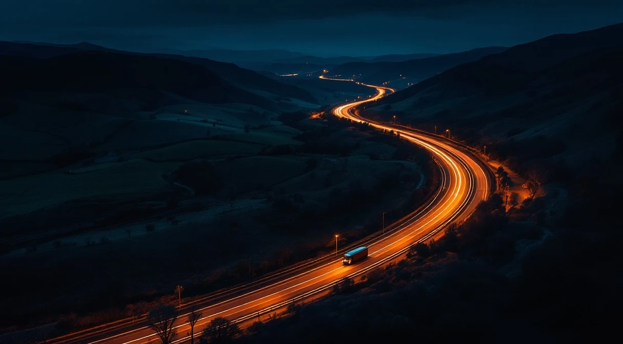 Drone aerial: a curving European motorway at night under sodium lights — a single truck taking a different junction from plan.