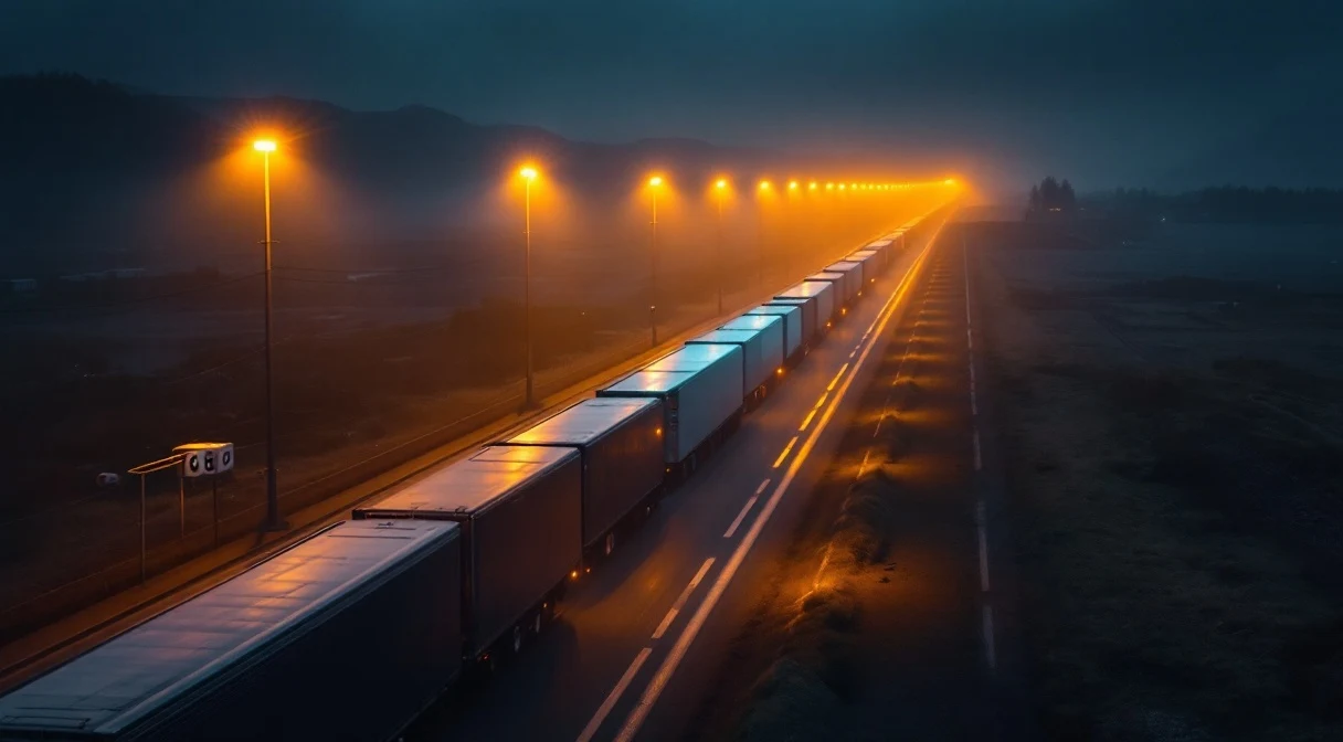 Dawn at a Turkey–EU border crossing — a long truck queue under sodium-vapor lights; hours dissolving into euros.