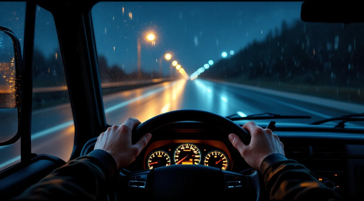 POV from inside a dark truck cabin at night — gloved hand on the wheel, amber dash glow, the road blurry through rain on the windscreen.