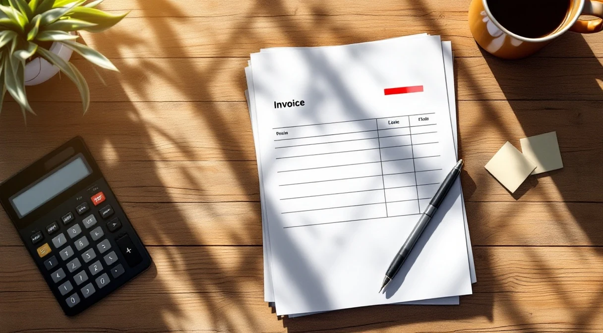 Top-down: a stack of invoices on a desk, one marked with a pen — auditor's desk atmosphere, amber side lighting.