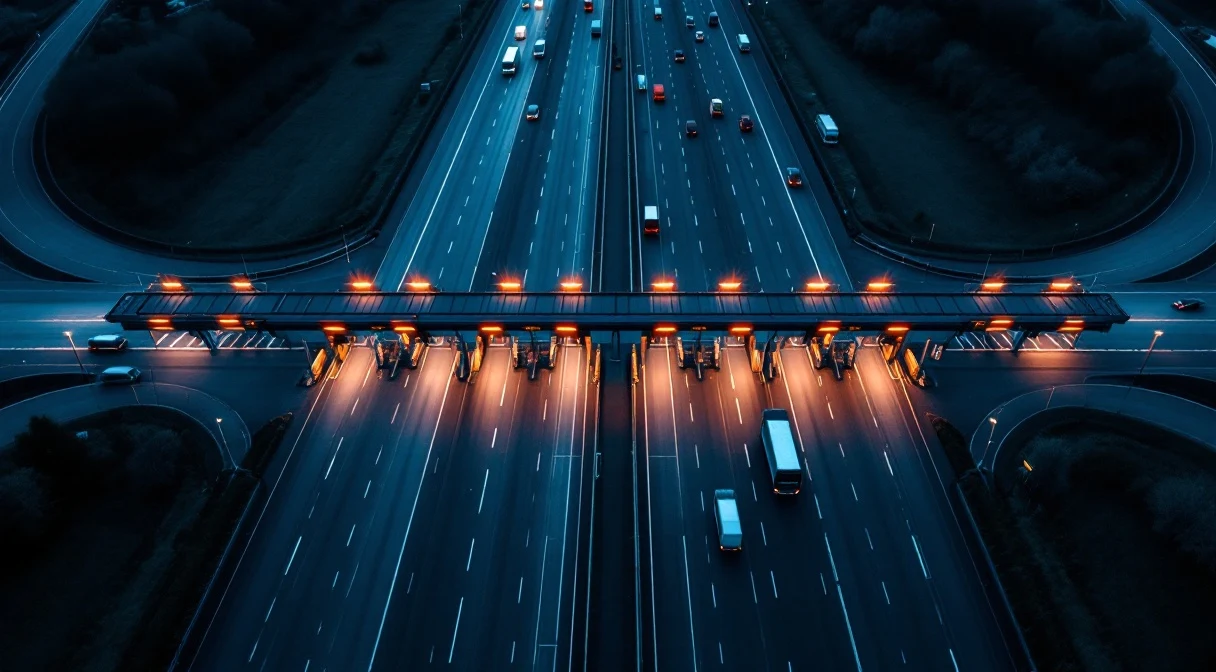 A European motorway toll plaza at night, amber sodium lights, a truck passing through.