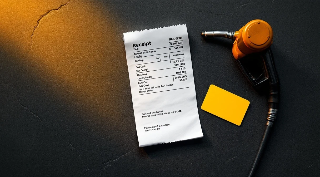 A fuel receipt, an unbranded plastic card and a pump nozzle handle resting on a dark surface — audit-evidence photography.