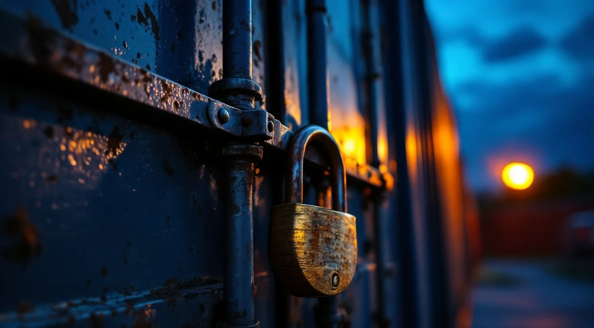 Macro of a heavy padlock and locking bar on a shipping container, an amber security lamp grazing the metal — silent protection.