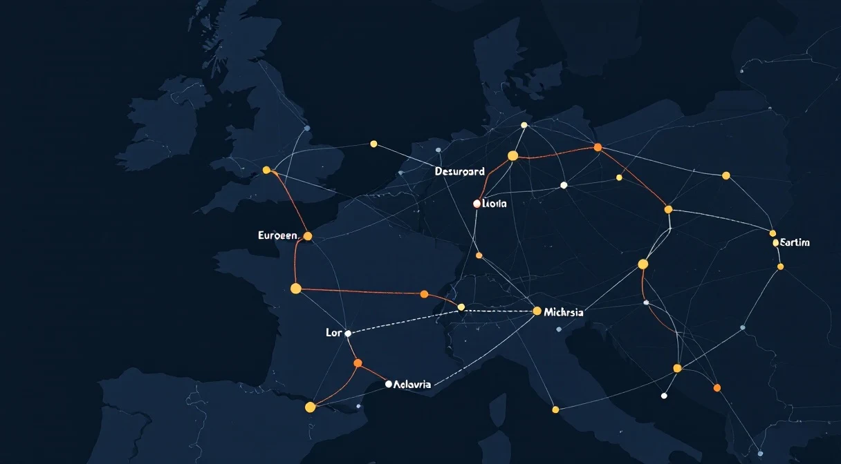 Editorial poster: a European corridor map with one route marked red and the rest glowing amber — per-trip P&L as a visualisation.